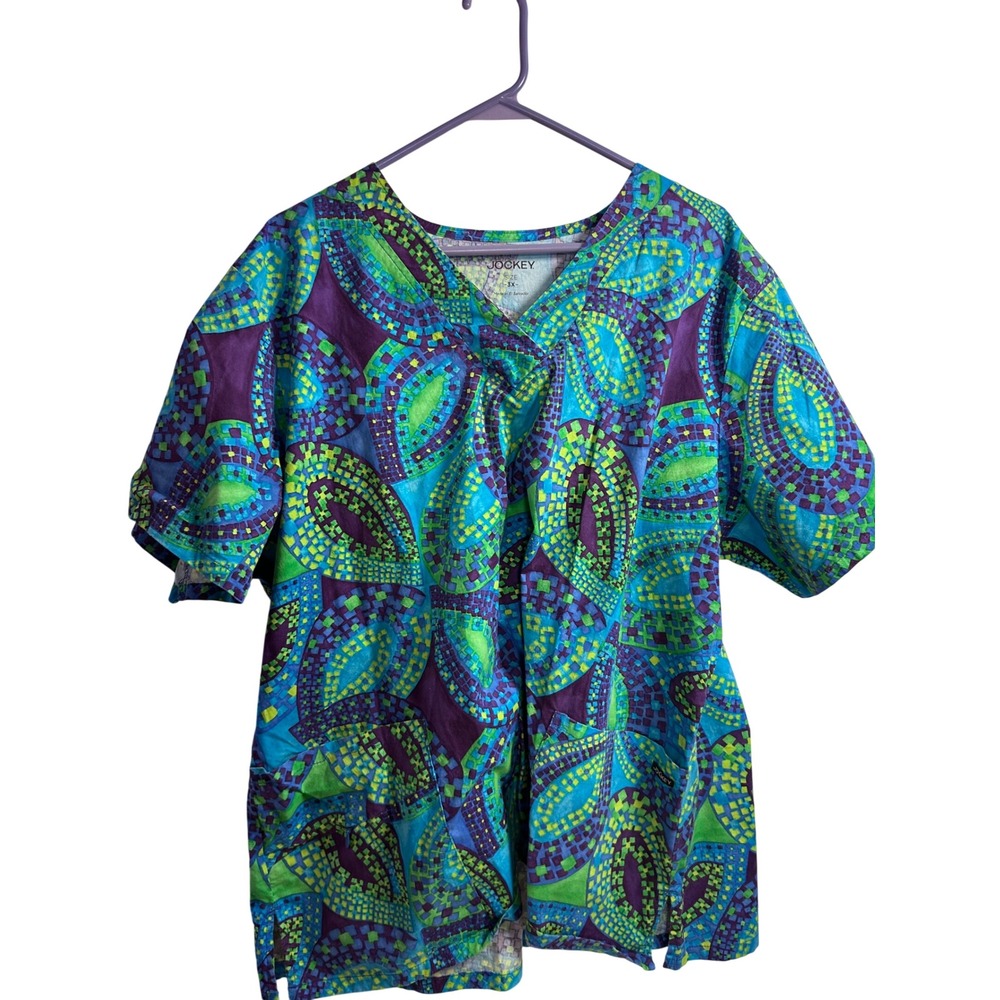 Jockey Scrub Top 3X Blue Green Mosaic Paisley V-Neck Pockets Women